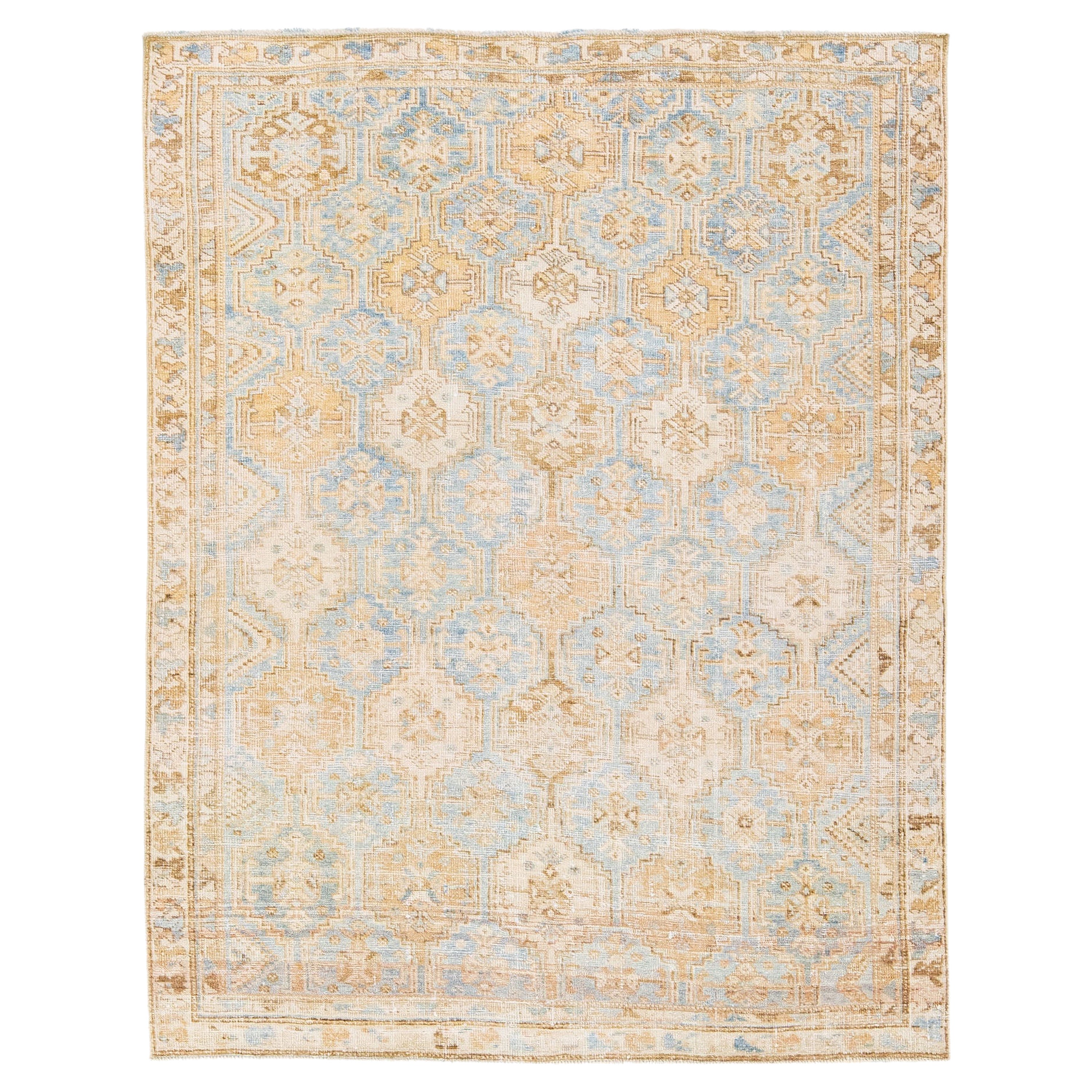 Ancien tapis persan Mahal en laine beige et bleu fait à la main avec motif géométrique