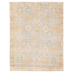 Ancien tapis persan Mahal en laine beige et bleu fait à la main avec motif géométrique