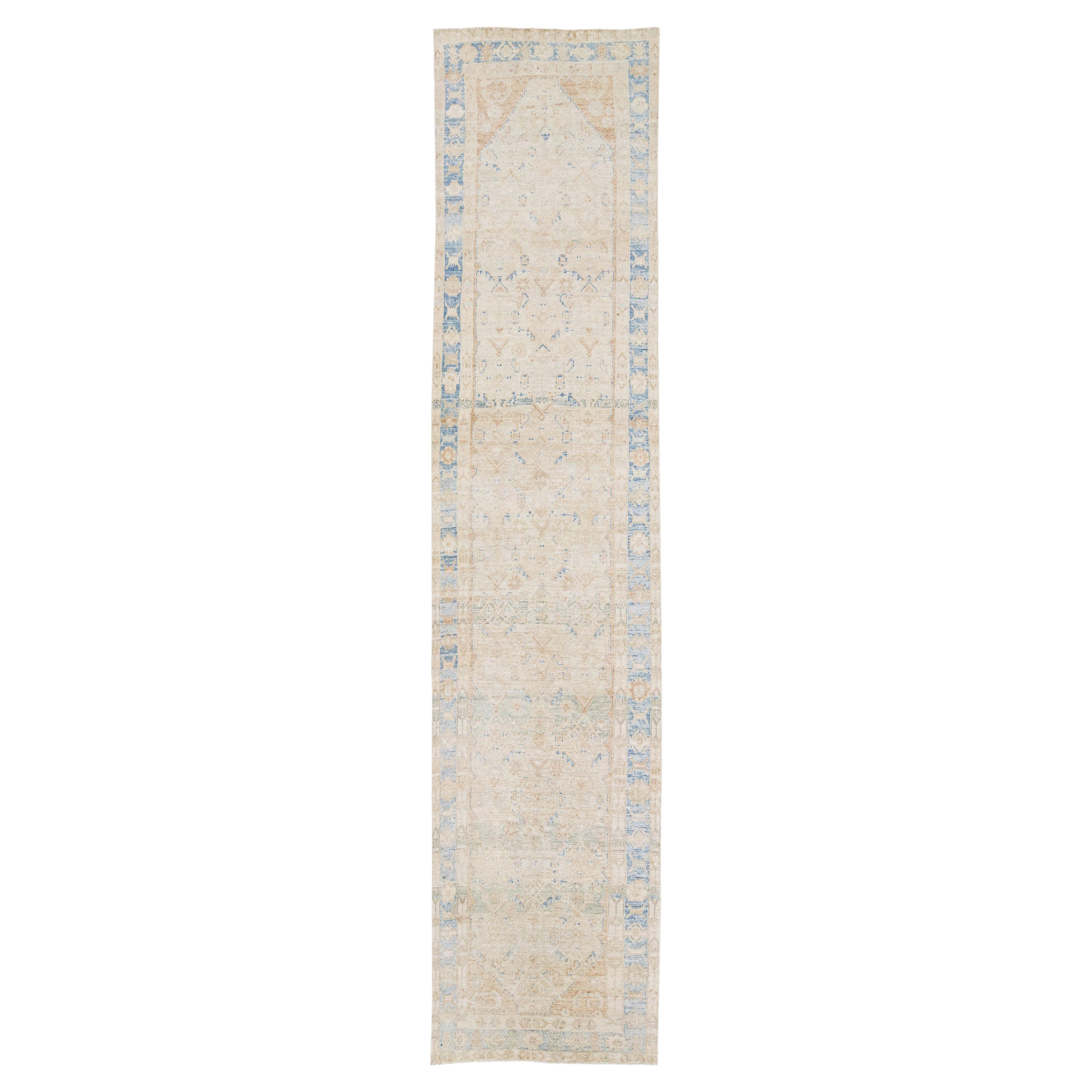Tapis de couloir persan ancien Heriz en laine beige, fait à la main, avec motif sur toute la surface
