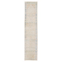 Tapis de couloir persan ancien Heriz en laine beige, fait à la main, avec motif sur toute la surface