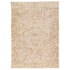 Beige Antique Persian Heriz Handmade Room Size Wool Rug with Medallion Design