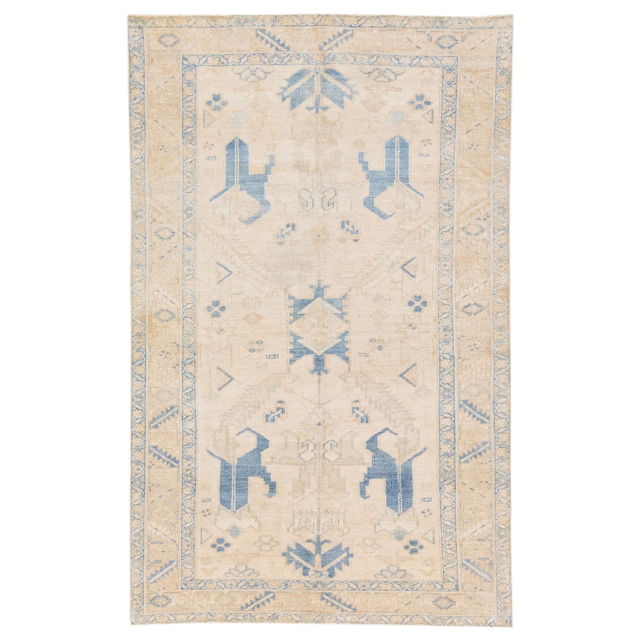 Antique Persian Heriz Handmade Beige & Blue Wool Rug with Geometric Design For Sale