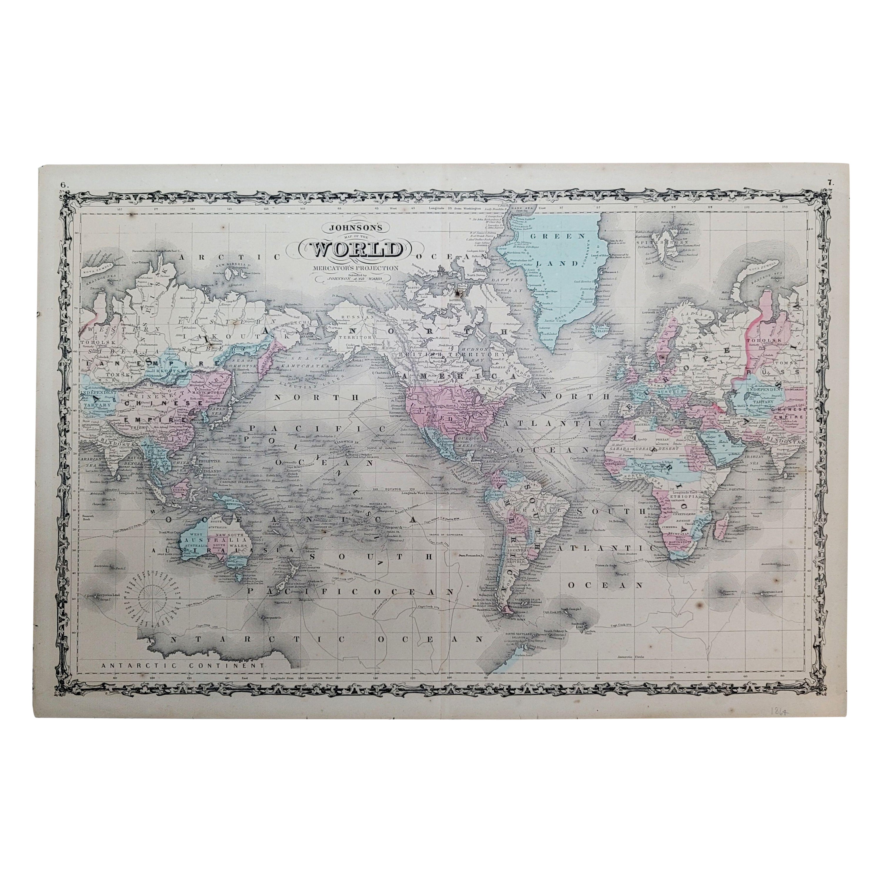1864 Johnson's Map of the World auf Mercator's Projection, Ric.B009