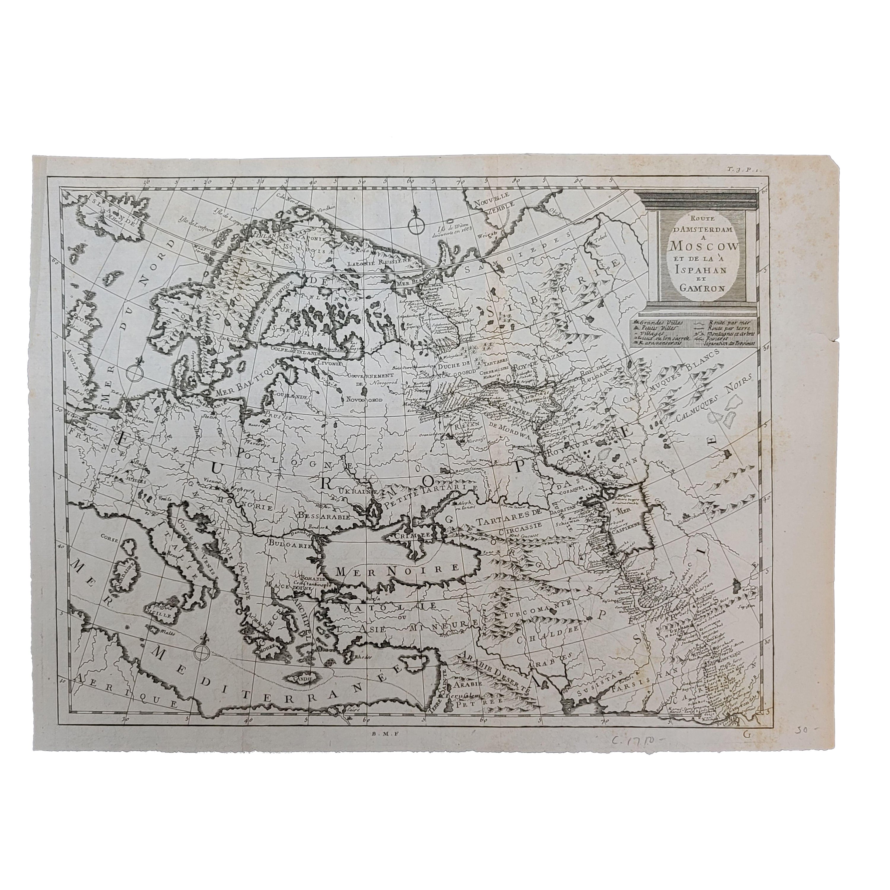 1718 Ides & Witsen Map "Route D'amsterdam a Moscow Et De La Ispahan Et Gamron For Sale