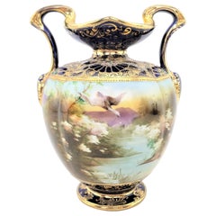 Antique Nippon Vase with Hand-Painted Pond Scene & Heavy Gilt Decoration