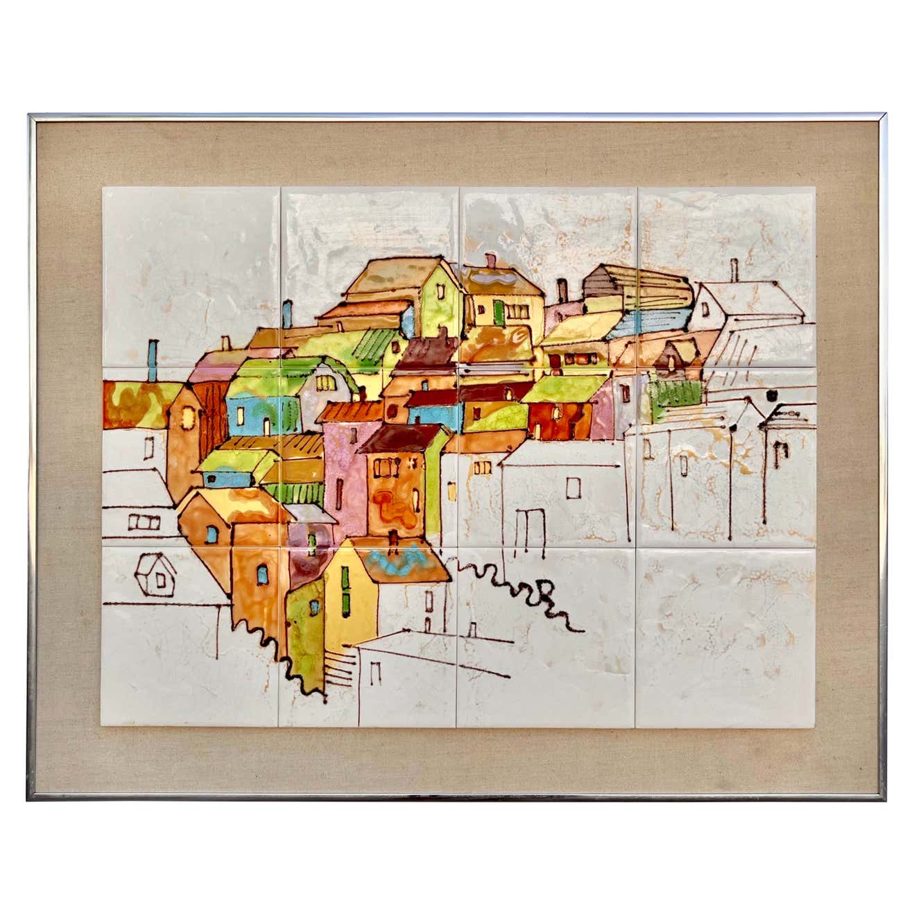 Mid Century Modern Harris Strong Village Hand Painted Ceramic Tile mid-century-modern-harris-strong-village-hand-painted-ceramic-tile