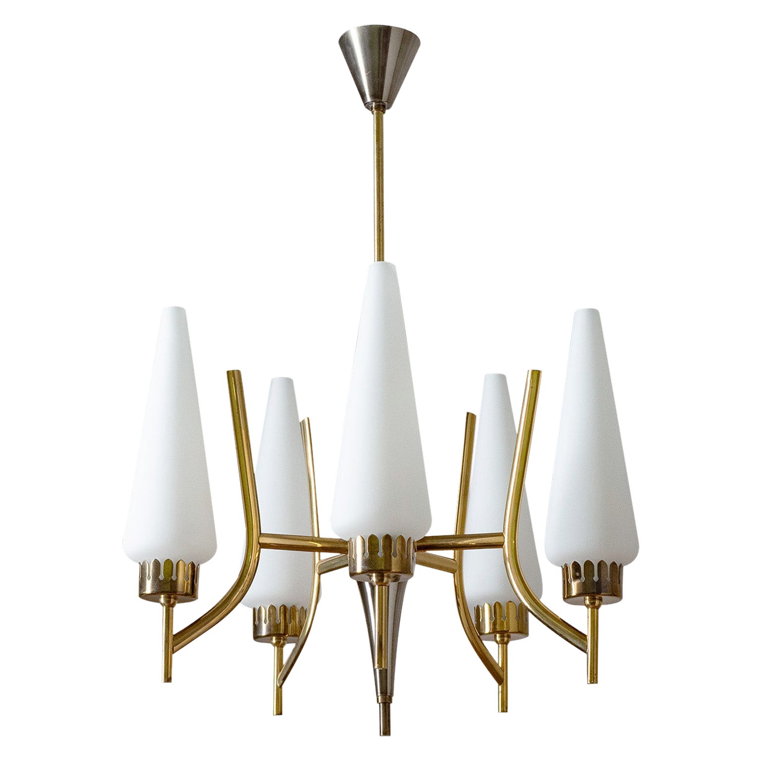 Italian Brass and Glass Chandelier, circa 1960 For Sale