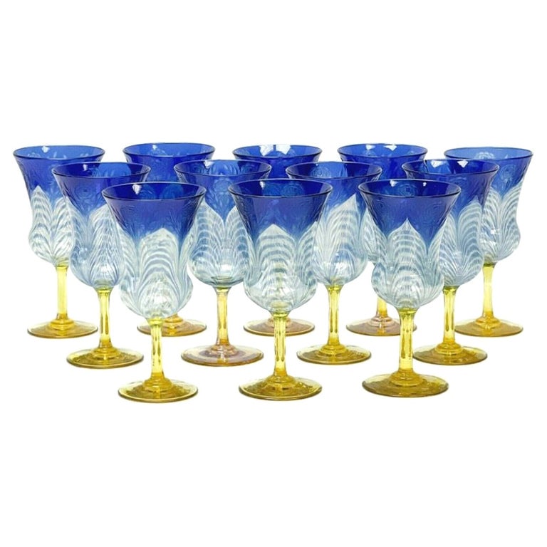 11 Durand Peacock Pulled Feather Etched Roses Glass Wine Glasses, circa