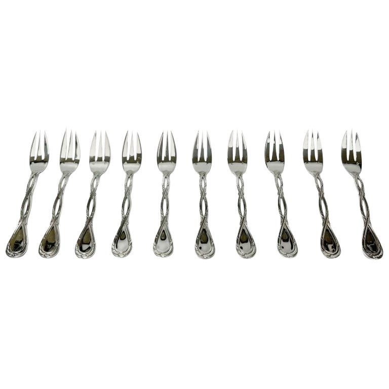 Set of 10 Puiforcat French Sterling Silver Fish Forks in Royal