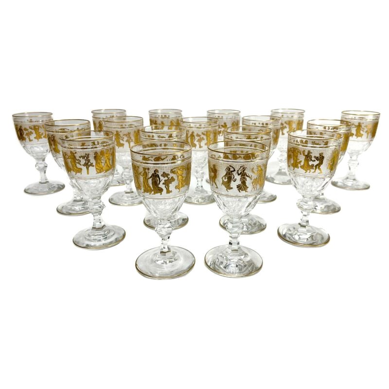 17 verres à vin ou à eau en verre dépoli et doré Danse de Flore du Val St. Lambert en vente