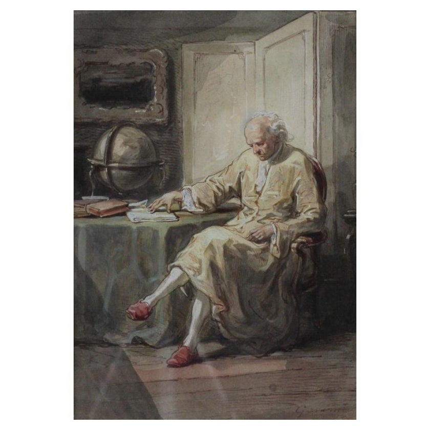 Watercolor Pen Gouache Painting Seated Figure by Paul Gavarni