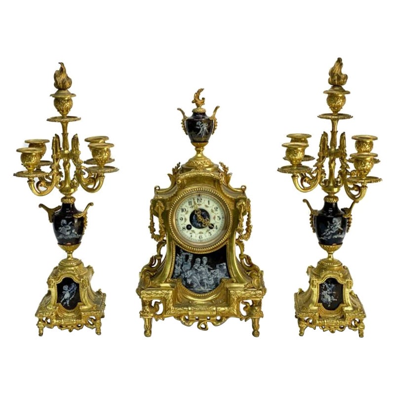 3 Piece Gilt Bronze Clock Garniture, Late 19th/Early 20th Century