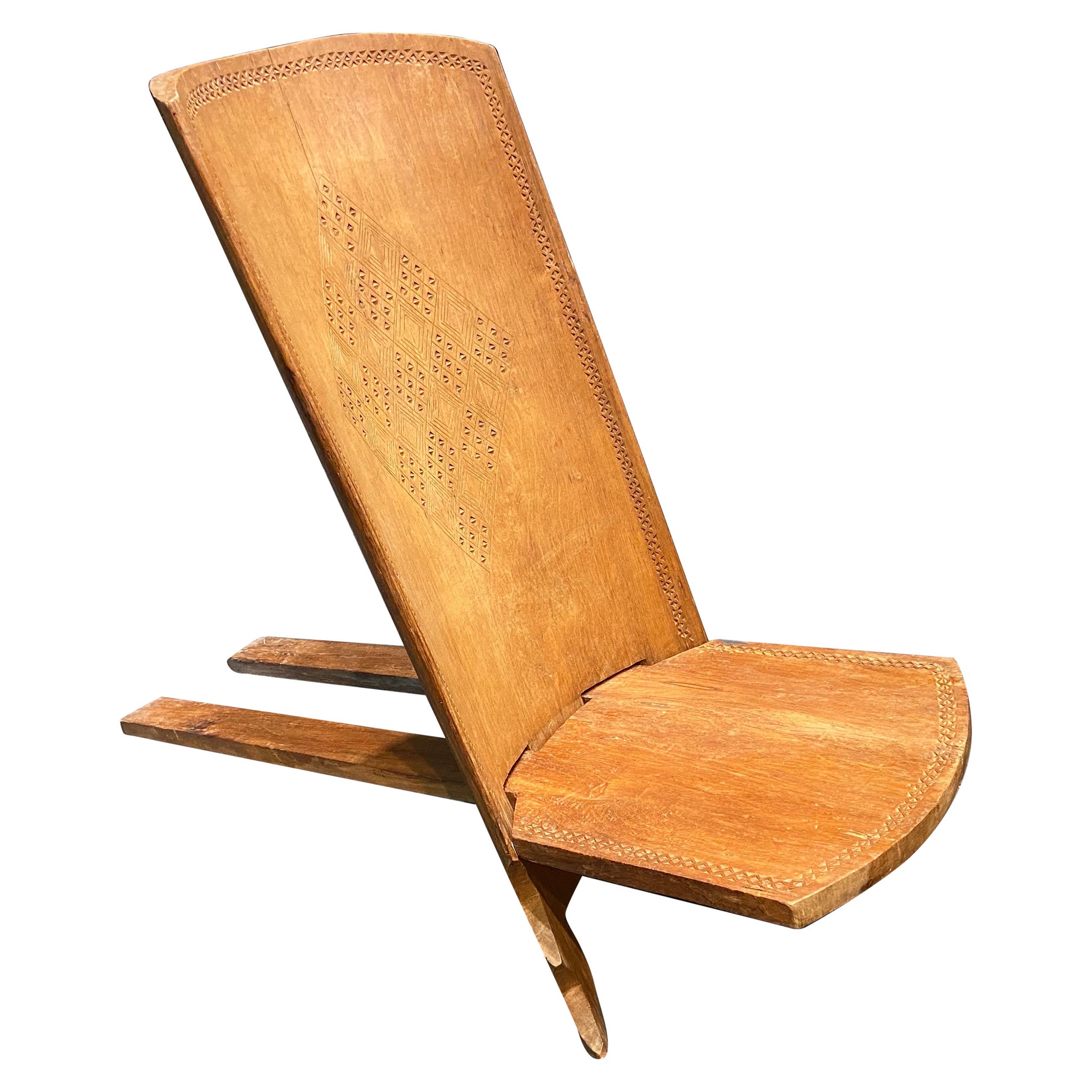 20 Century Hand Carved Folding Palaver Wooden Chair in African Style, circa 1930