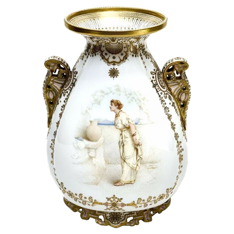 Copeland's England Enamel Jeweled Twin Handled Urn, Artist Signed, 19th Century For Sale