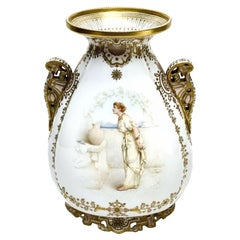 Antique Copeland's England Enamel Jeweled Twin Handled Urn, Artist Signed, 19th Century