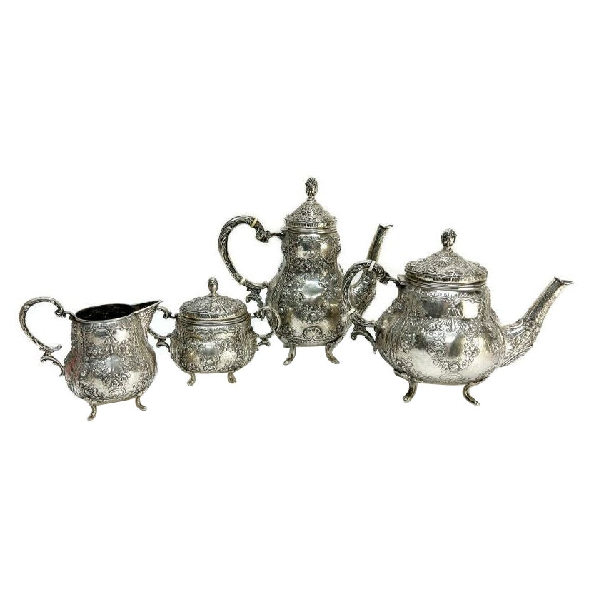 German 800 Silver Repousse Tea Set Rose Garlands & Acorn Finials, circa 1900