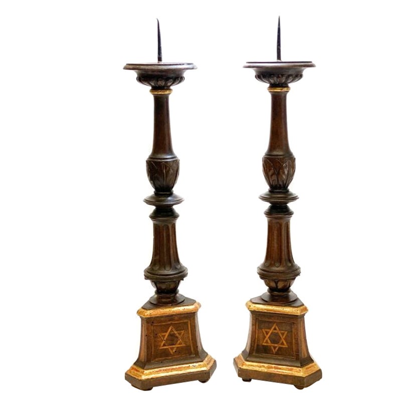 Continental Inlaid Wood Sabbath Candlesticsk Holders with Star of David Judaica For Sale