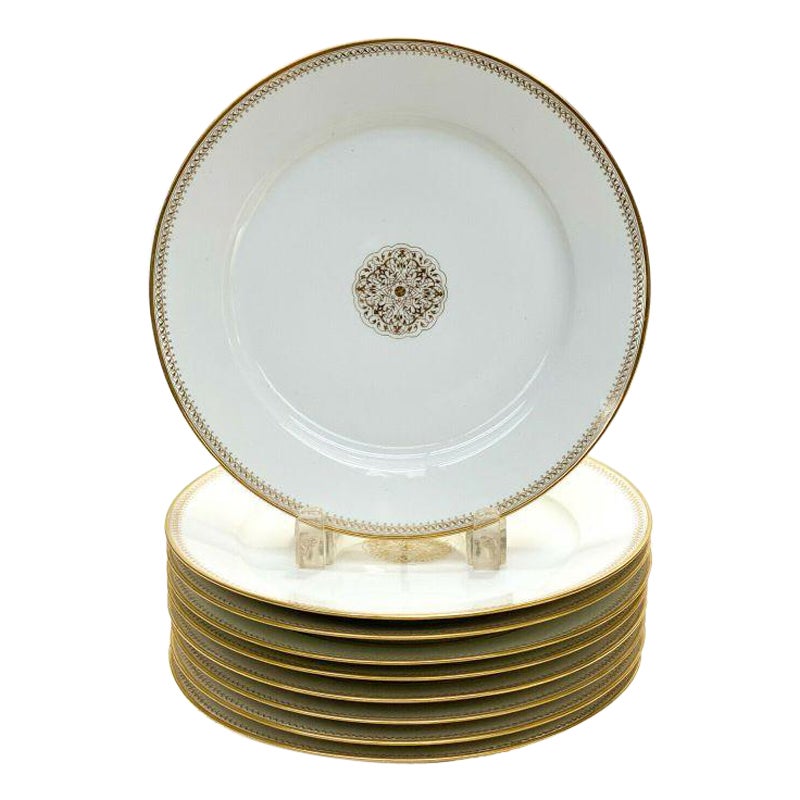 Set of 10 Manufacture De Sevres Porcelain 9.5 inch Plates, Gilt Emblems, 1865 For Sale