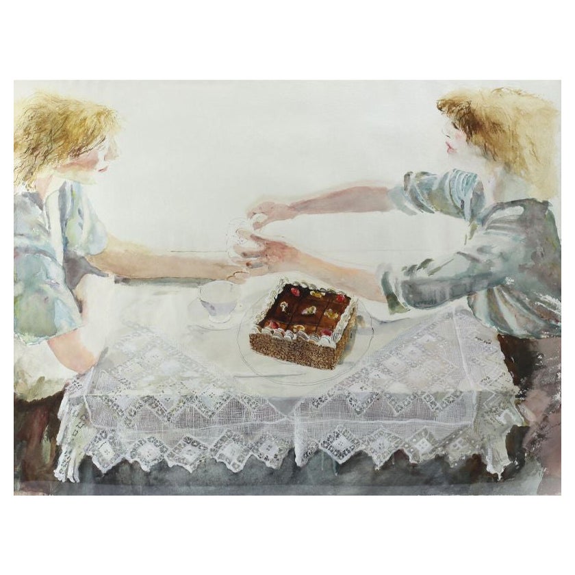 Aquarelle de David Remfry représentant deux femmes prenant un gâteau, signée