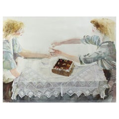 Vintage David Remfry Watercolor Two Women Having Cake, Signed
