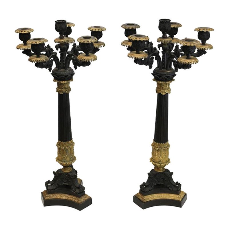 Pair French Charles X Patinated Gilt Bronze 6 Light Candelabra, 19th Century For Sale