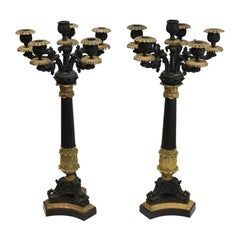 Antique Pair French Charles X Patinated Gilt Bronze 6 Light Candelabra, 19th Century