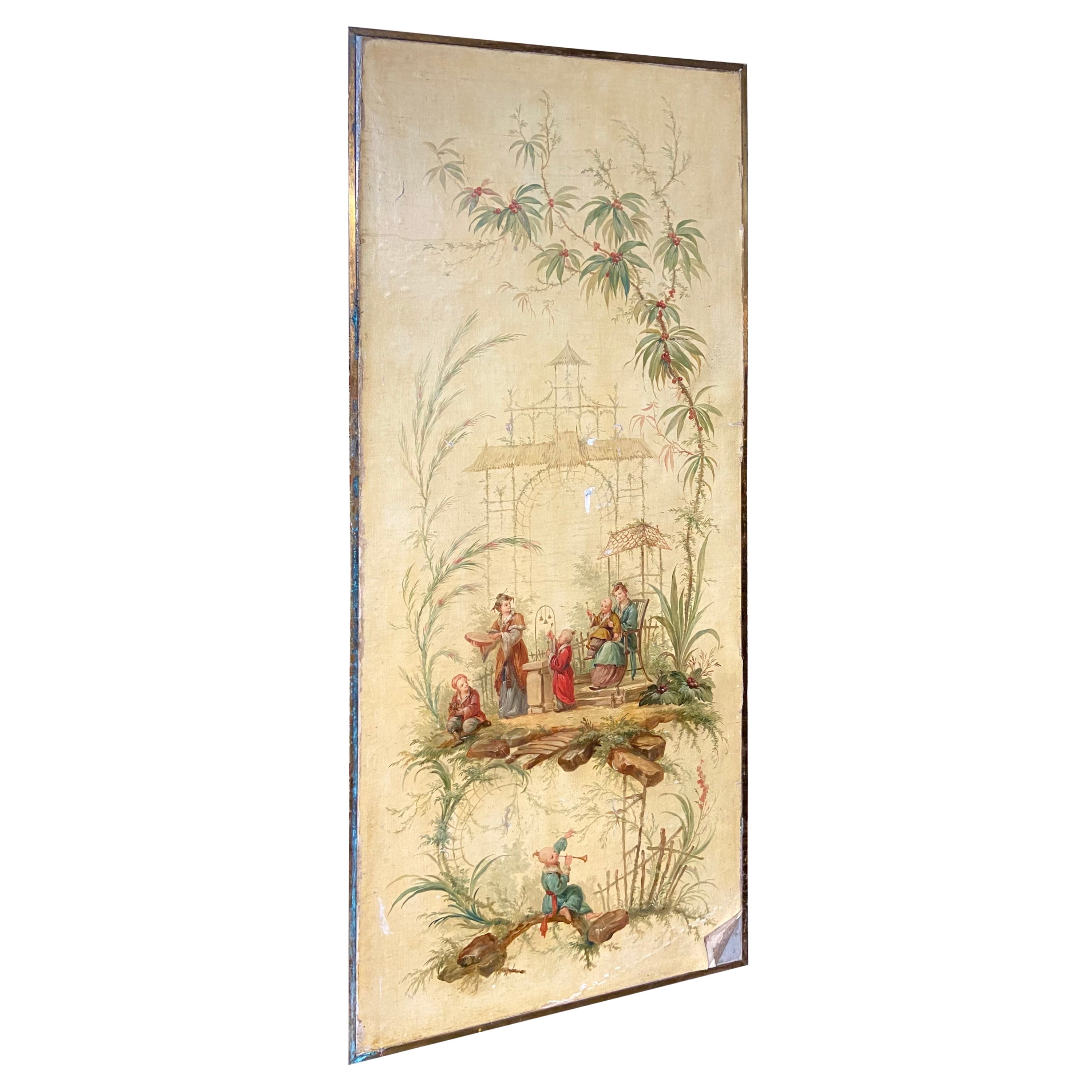 Großer französischer Spiegel des 19. Jahrhunderts mit feiner Chinoiserie-Zeichnung auf der Rückseite im Angebot