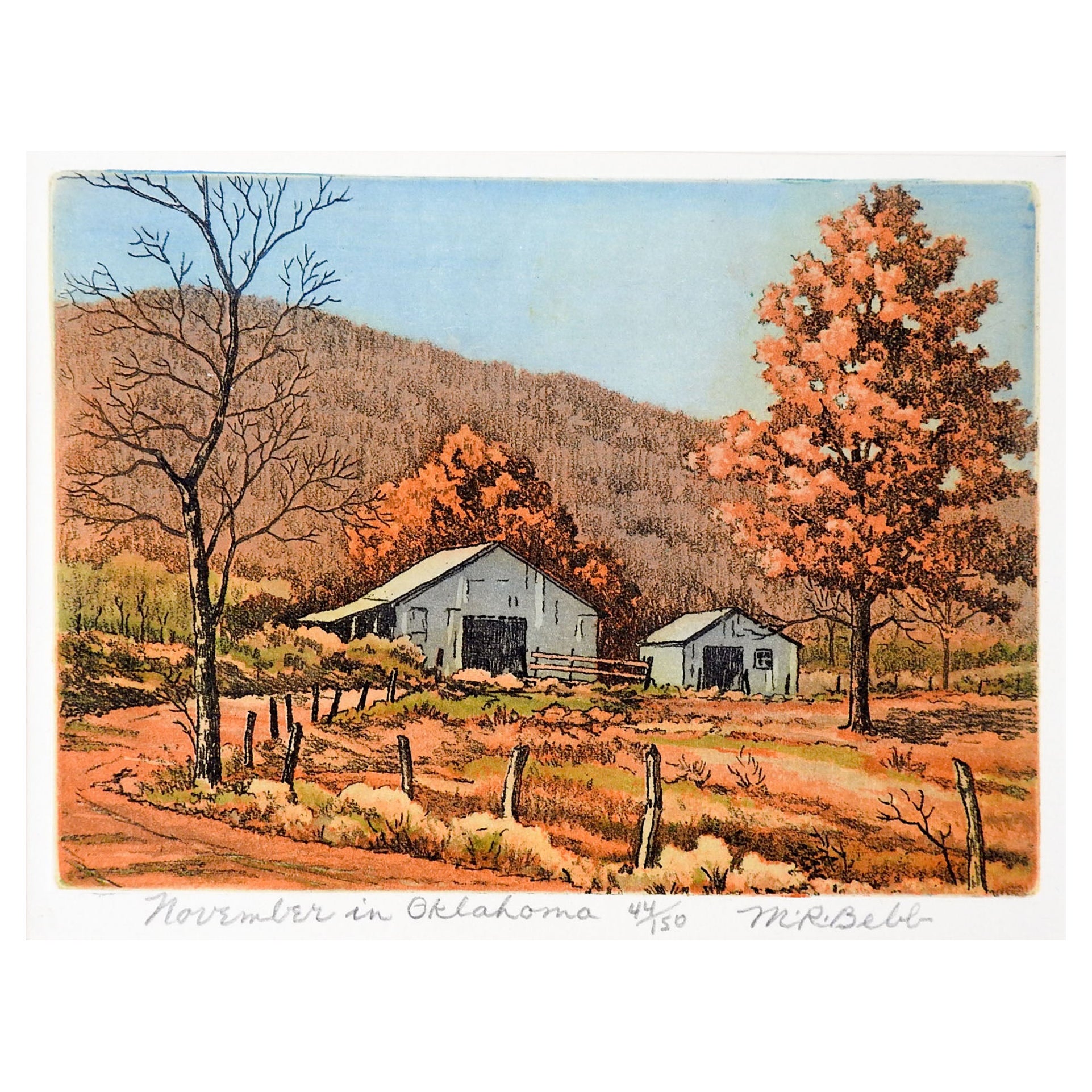 Vintage 1950s Maurie Bebb Oklahoma Farm Landscape Aquatint Etching For Sale