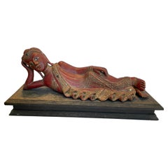 Red Lacquered Wooden Nirvana Buddha on Stand