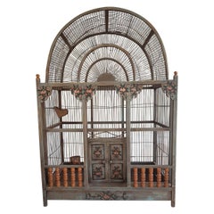 large vintage green birdcage, French antiquity, iron and wood decor 