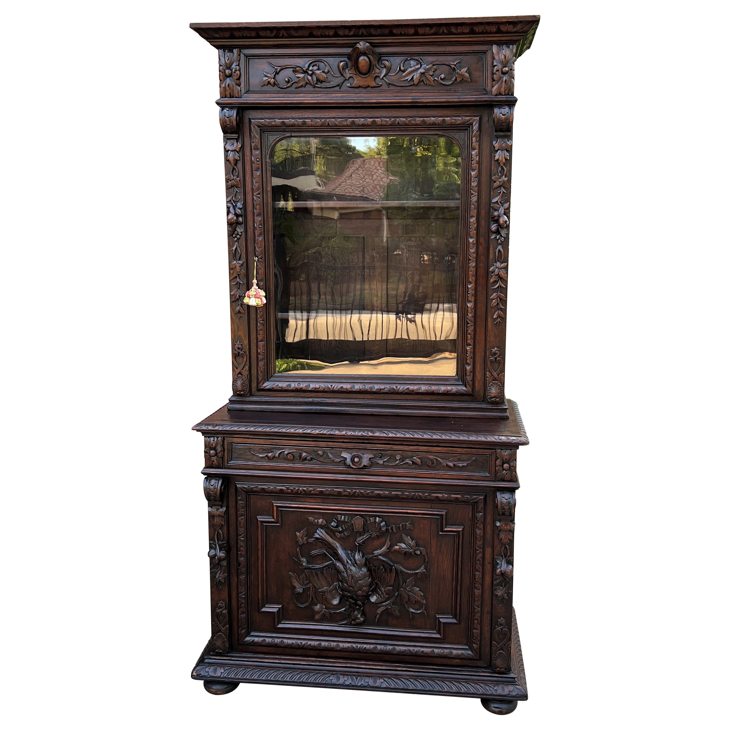 Antique French Bookcase Hunt Cabinet Display Buffet Black Forest Oak 19th C