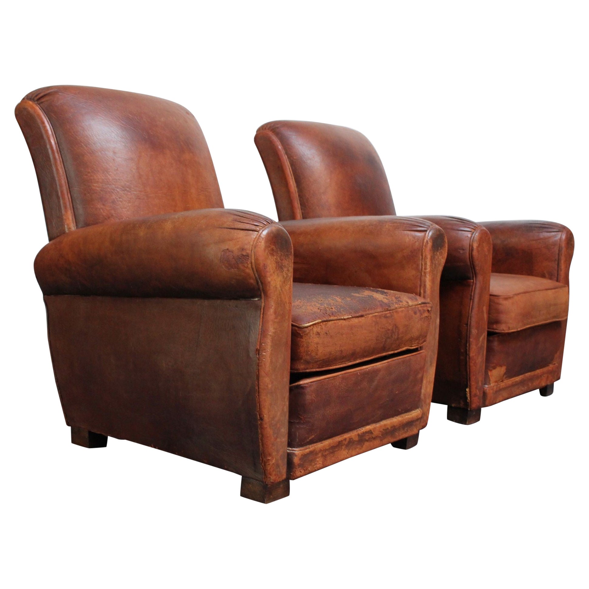 Pair of French Deco Leather 'Roll Back' Club Chairs