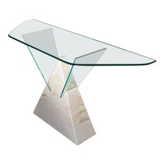 Retro Postmodern Geometric Glass and Faux Marble Console Table, 1970s