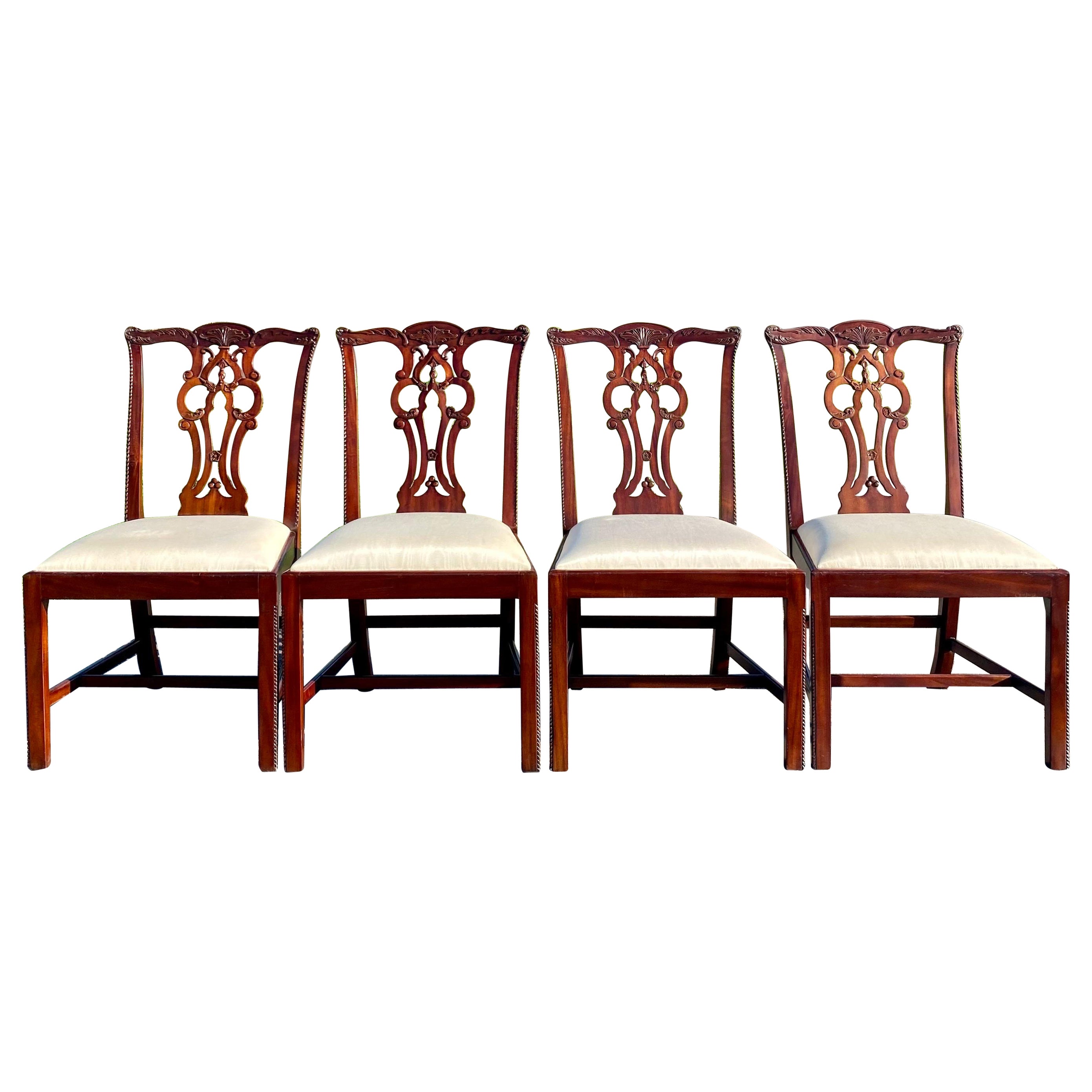 Maitland Smith Chippendale Regency Carved Mahogany Dining Side Chairs For Sale