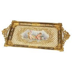 Sevres France Porcelain and Champleve Desk Tray, Cherubs, 19th Century