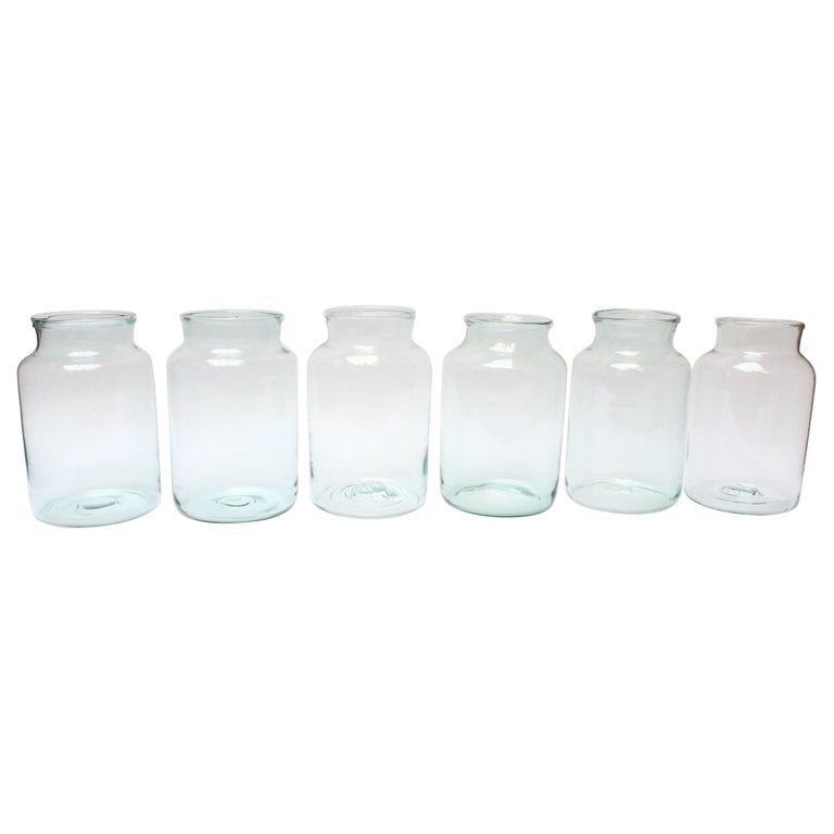 Large Antique French Blown Green Tinted Glass Hurricane Jar, Three