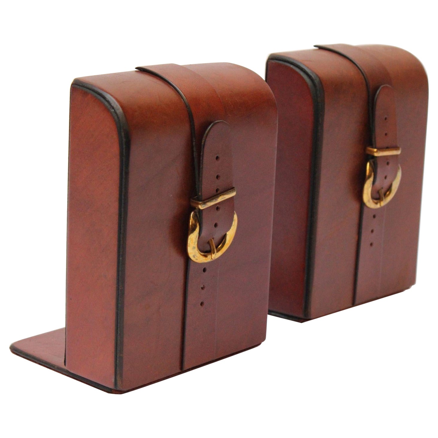 Vintage Equestrian Leather and Brass Buckle Bookends For Sale
