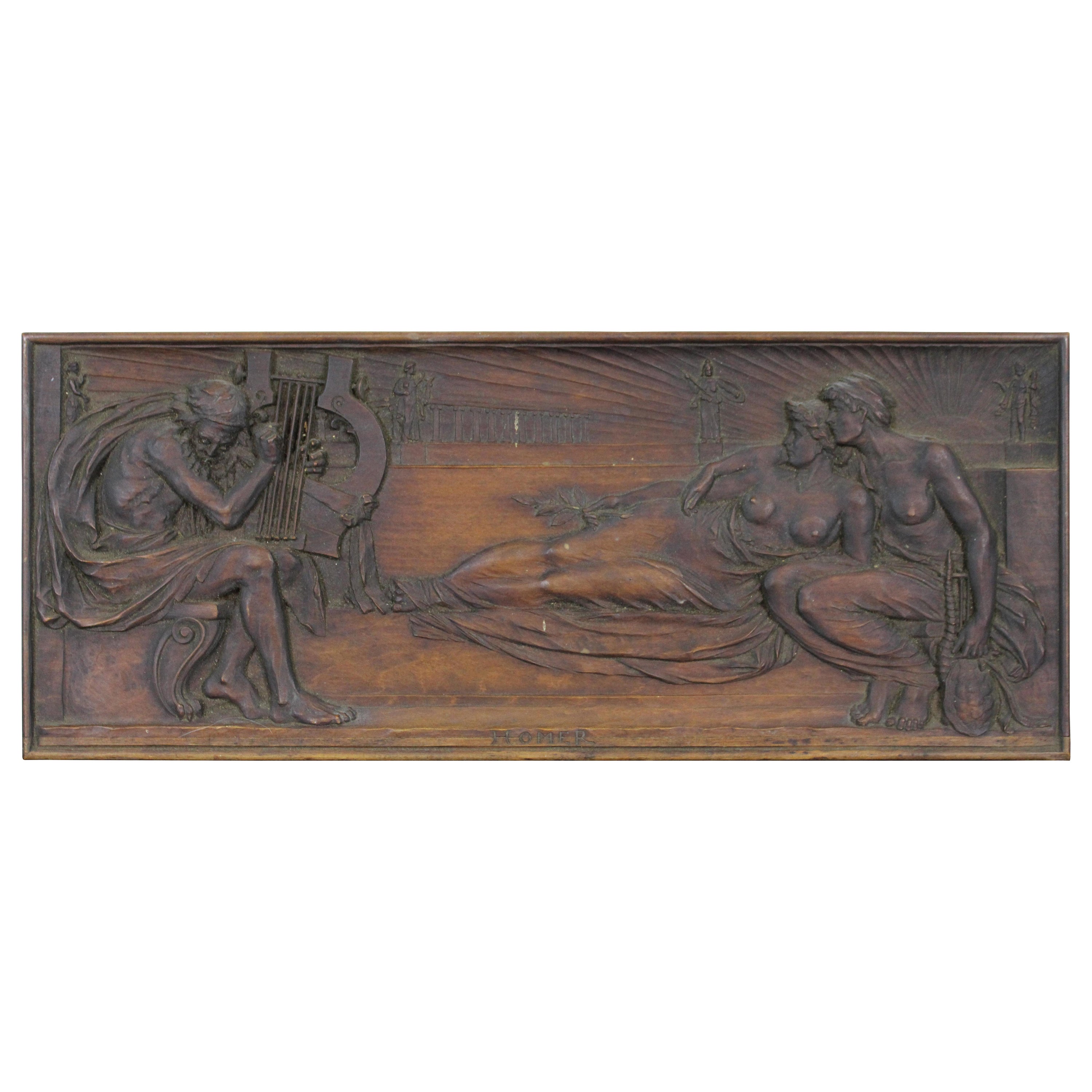 Rare Antique Neoclassical Carved Wood Bas Low Relief Homer Harry Bates Plaque For Sale