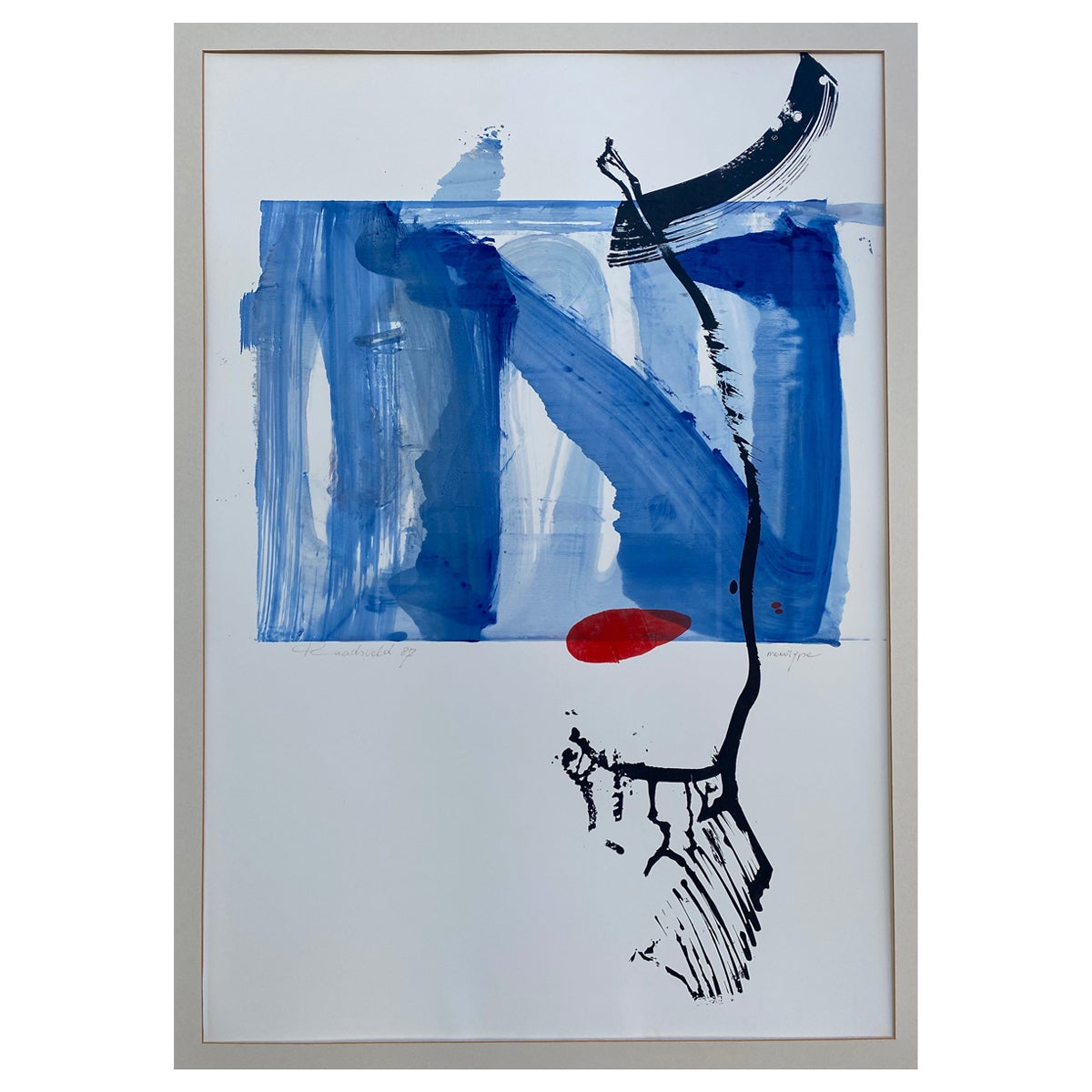 Unico dipinto astratto blu, nero e rosso "Monotype" di Carla Raadsveld 1987 in vendita