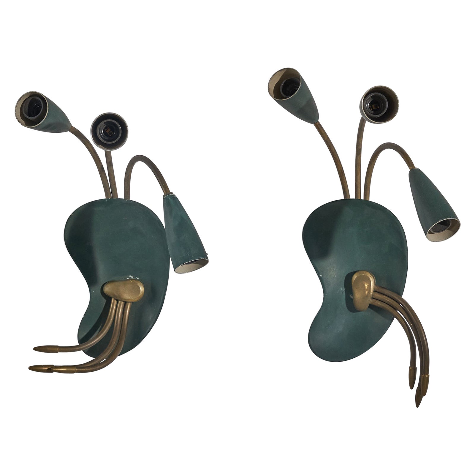 Italian Designer, Wall Lights, Brass, Green Lacquered Metal, Italy, 1950s