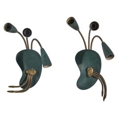 Vintage Italian Designer, Wall Lights, Brass, Green Lacquered Metal, Italy, 1950s