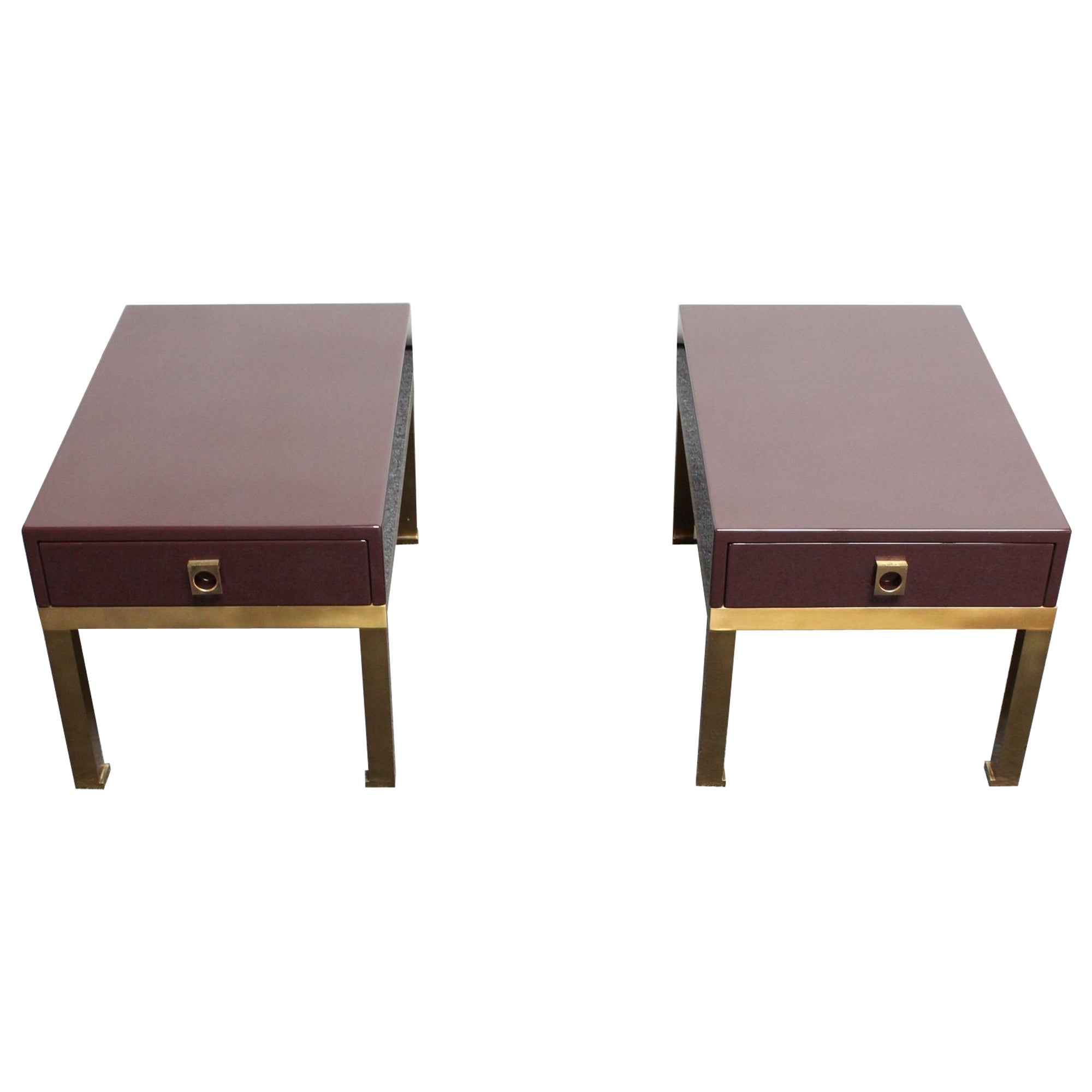Pair of French Moderne Lacquered Mahogany and Brass Nightstands by Guy Lefèvre For Sale