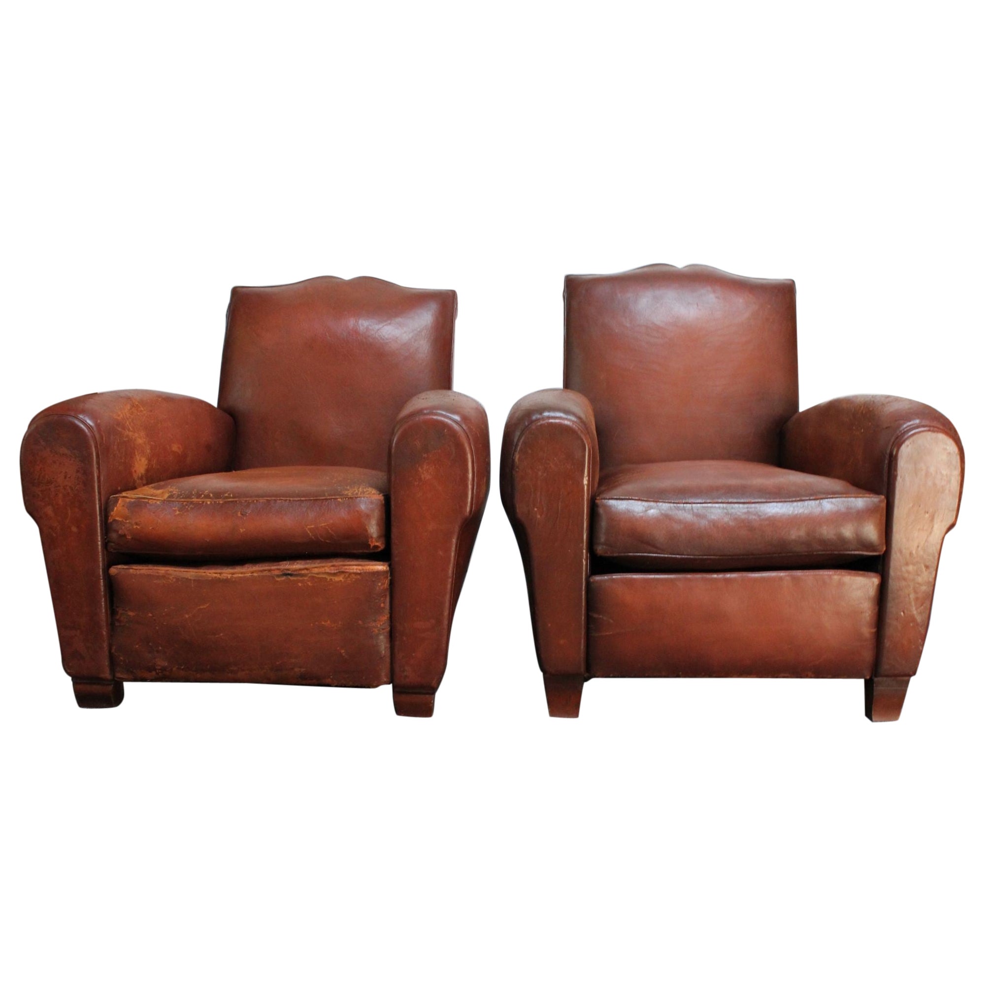 Pair of French Deco Leather 'Mustache' Club Chairs
