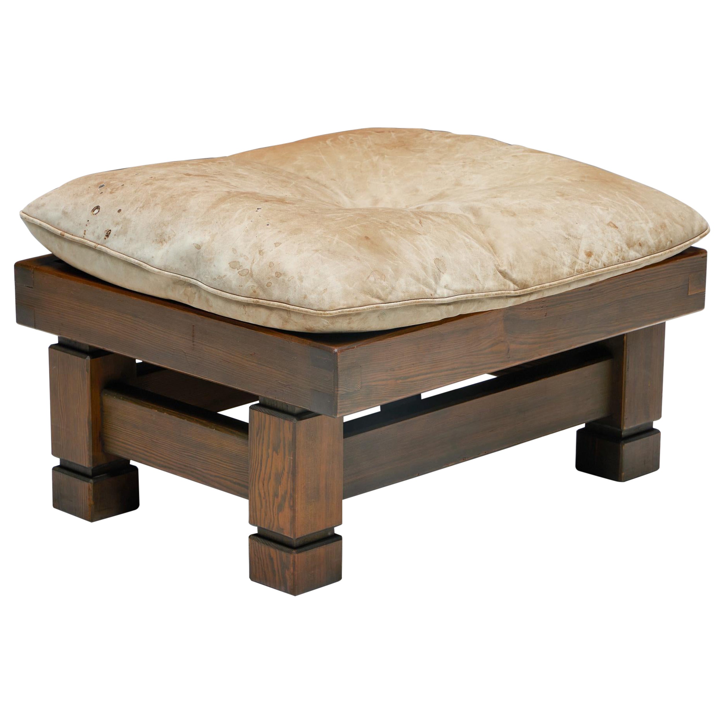 French Wooden Footstool with Leather Cushion, 1960s For Sale
