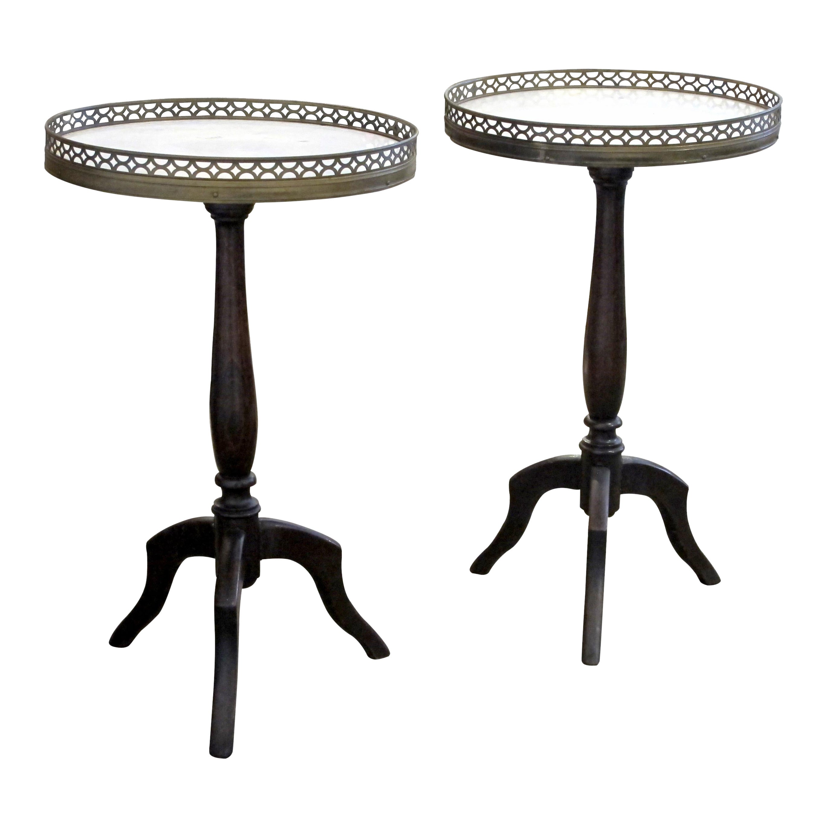 Pair of French Mid Century Gueridons with Bronze Gallery and Marble Top