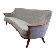 Norwegian Long Curved Sofa Danish Mid-Century Modern Teak Upholstered