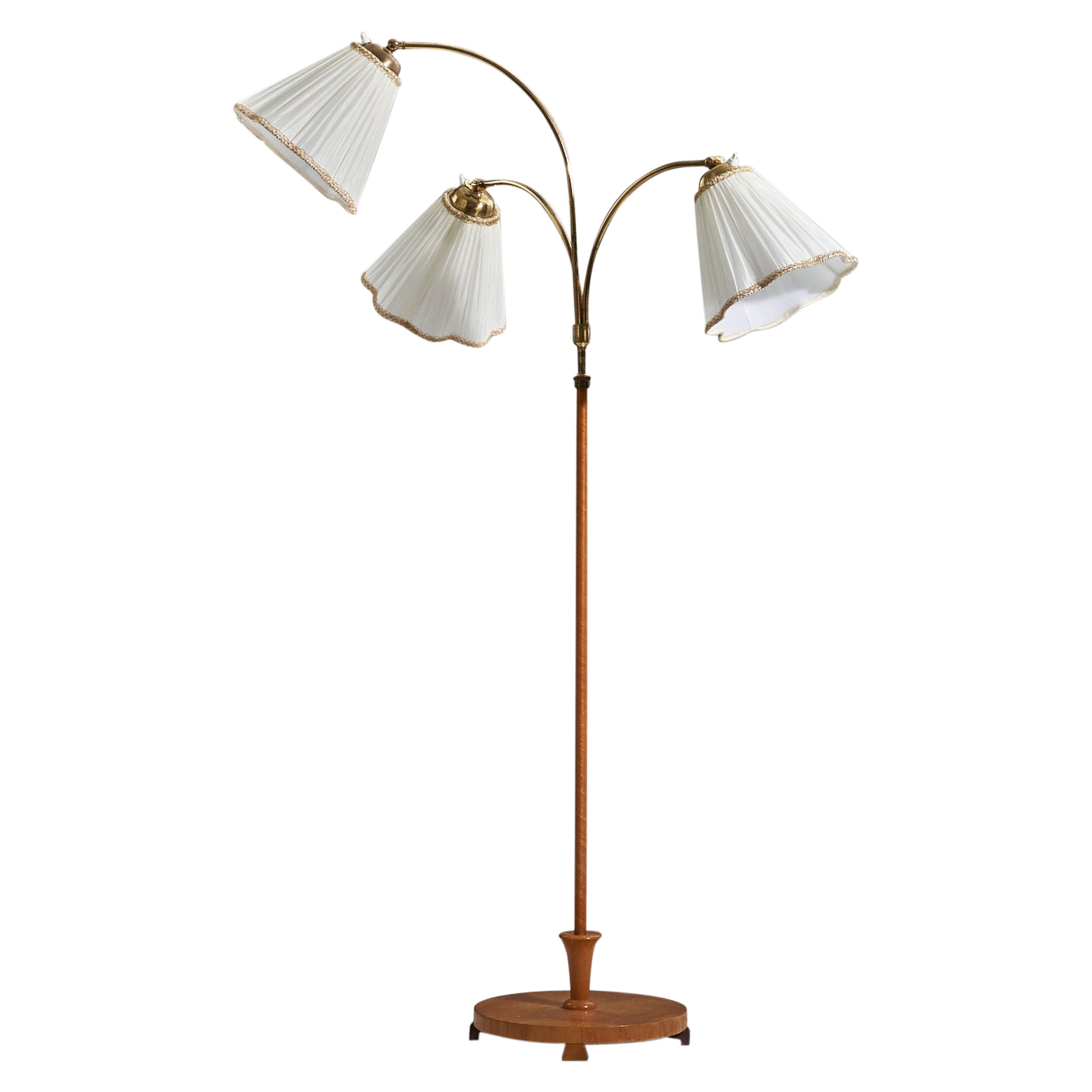 Swedish Designer, Floor Lamp, Brass, Wood, Fabric, Sweden, 1940s