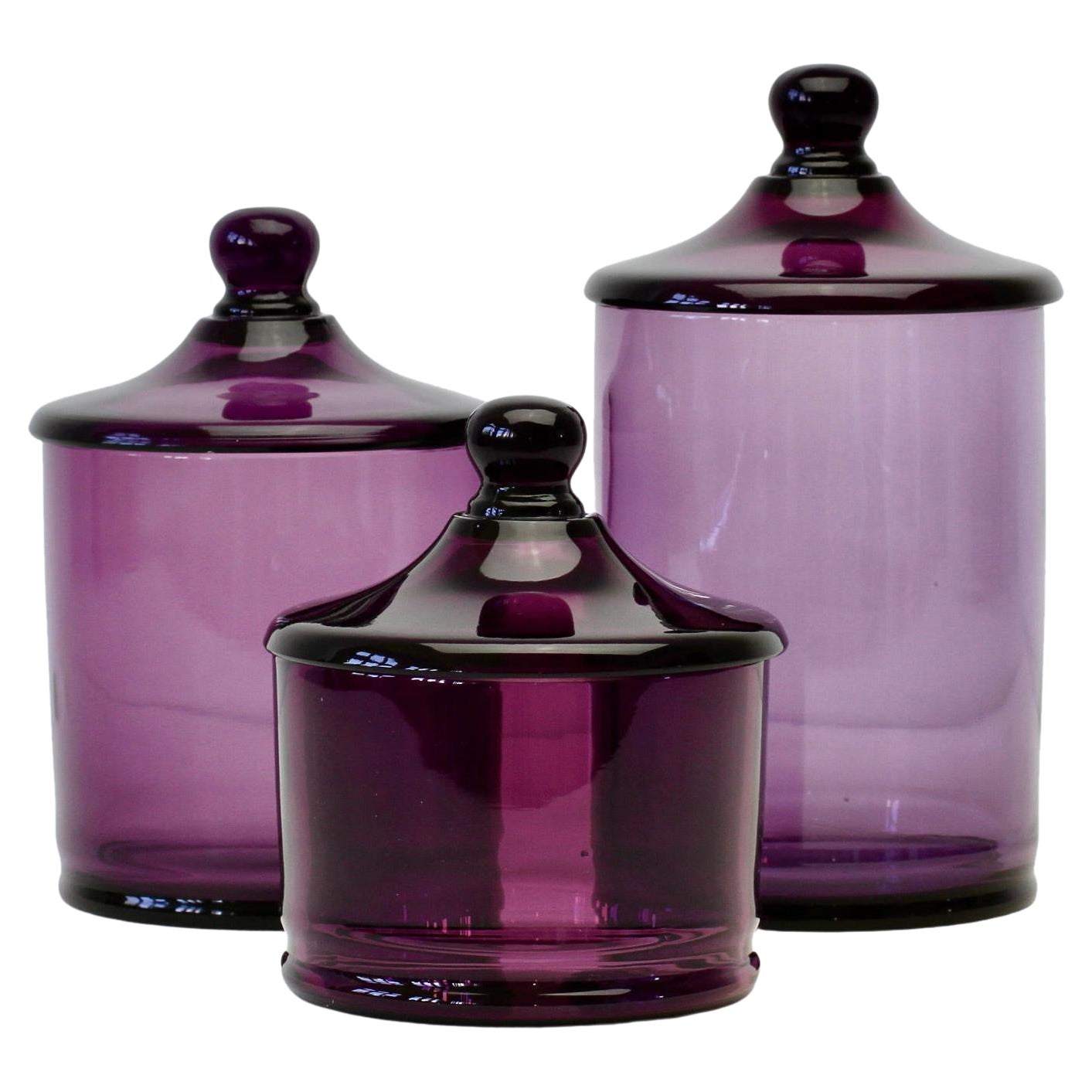 Trio rare de pots d'apothicaire à couvercle en verre violet vintage de Cenedese de Murano, Italie