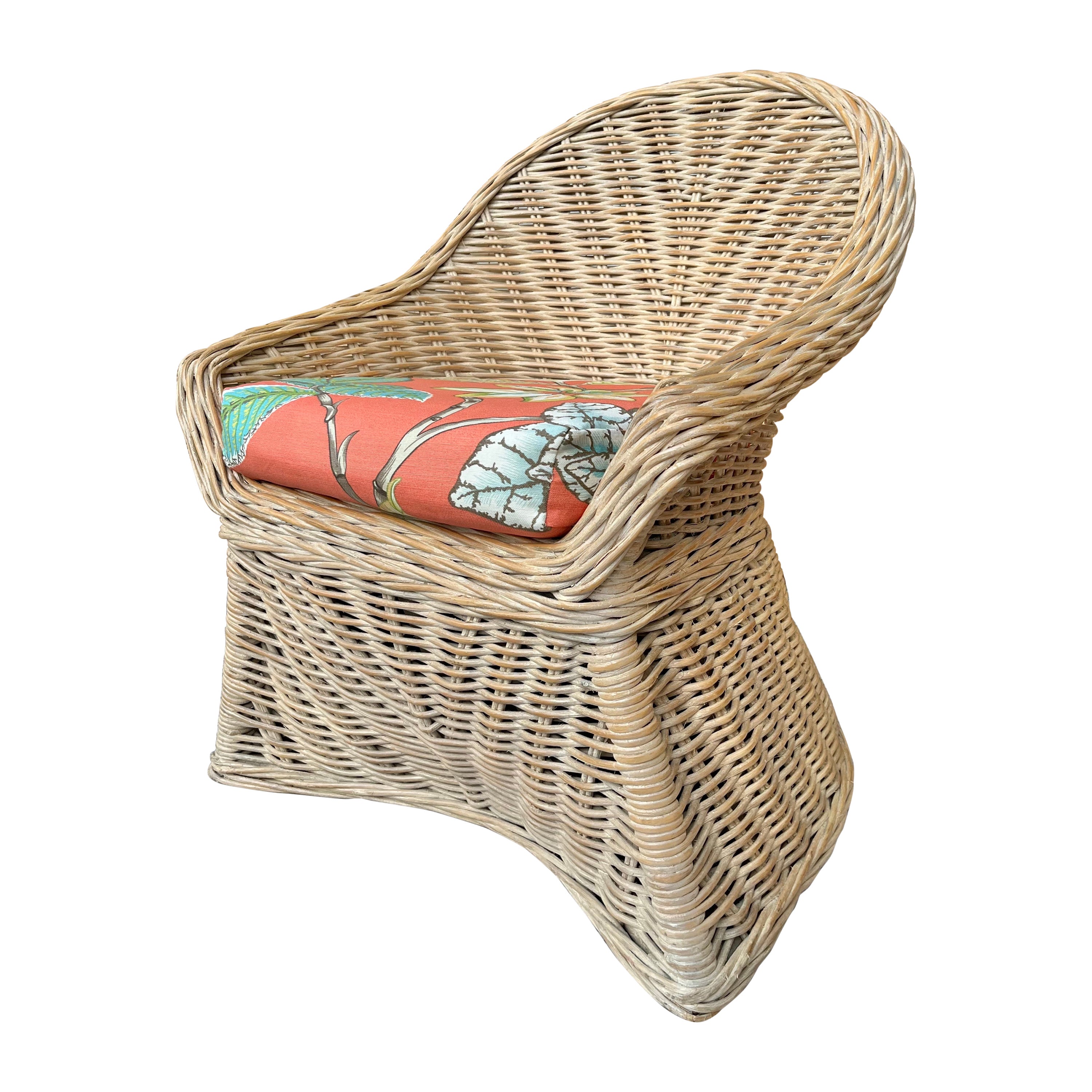 Twisted Washed White Rattan Coastal Style Barrel Back Lounge Chair For Sale