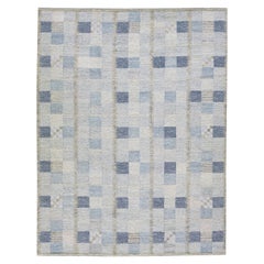 Modern Scandinavian Blue and Gray Handmade Wool Rug with Check Pattern